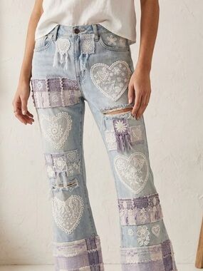 RARE Light Wash Women’s Heart Wide Leg Jeans with Lavender Accents OOAK Couture